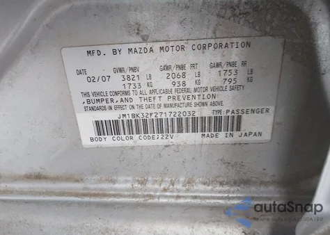 2007 Mazda Mazda3 I z USA, uszkodzony, nr VIN JM1BK32F271722032